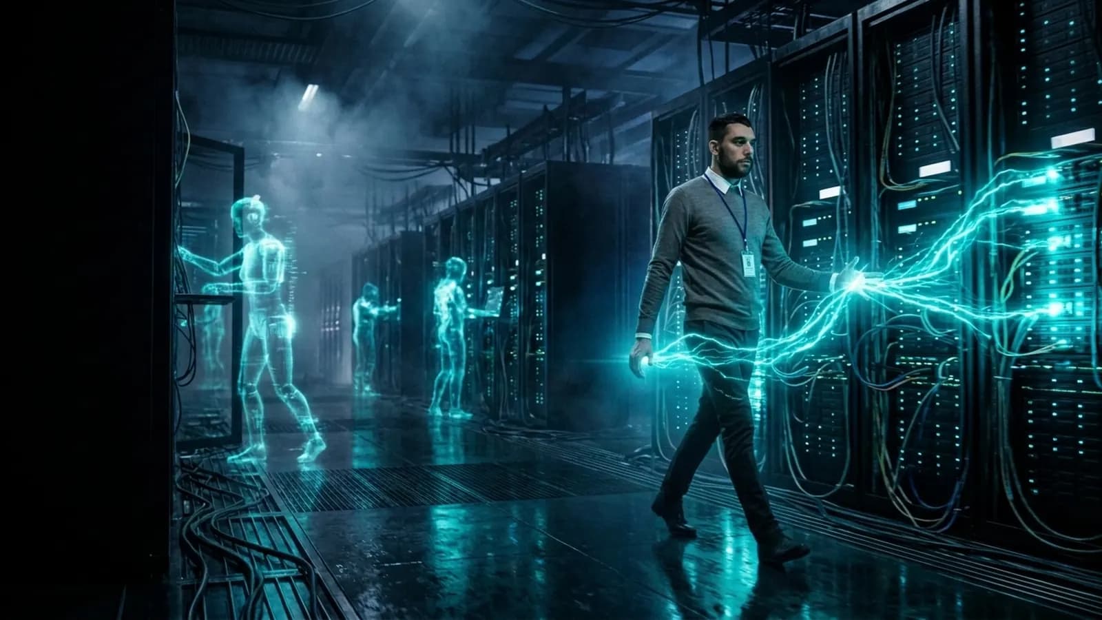 Técnico caminha pelo corredor de racks de servidores de um data center