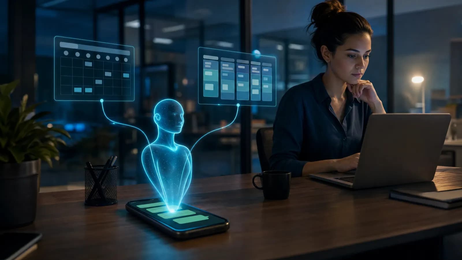 Celular com conversa de WhatsApp atendida por agente de IA ao lado de agenda e painel de CRM