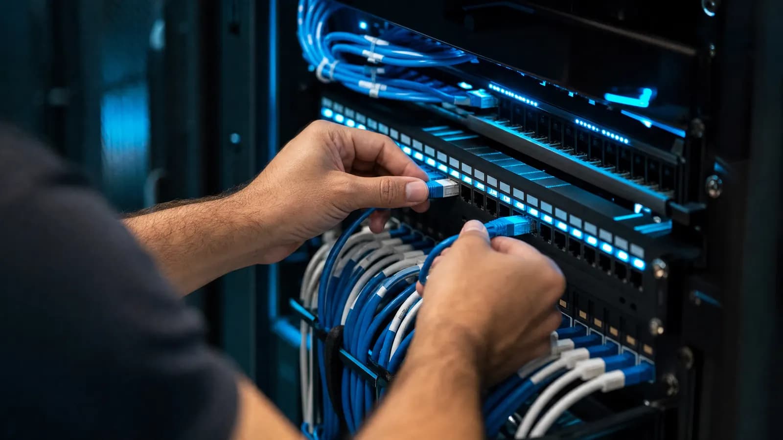 Rack de rede organizado com patch panel e cabos identificados por cor