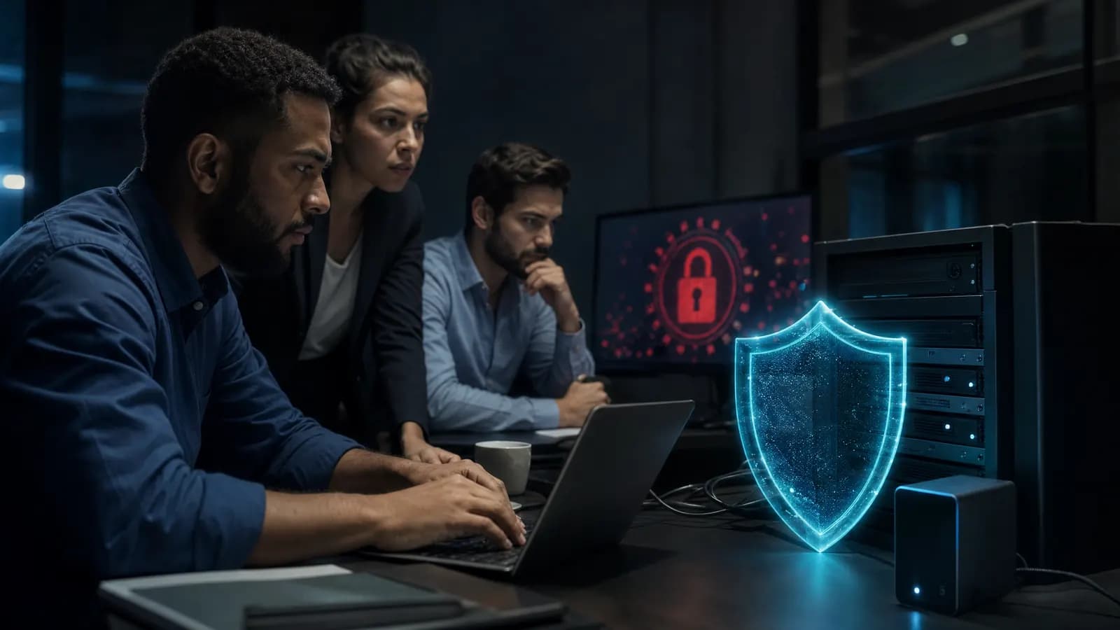 Tela de computador com cadeado digital sobre arquivos de uma empresa
