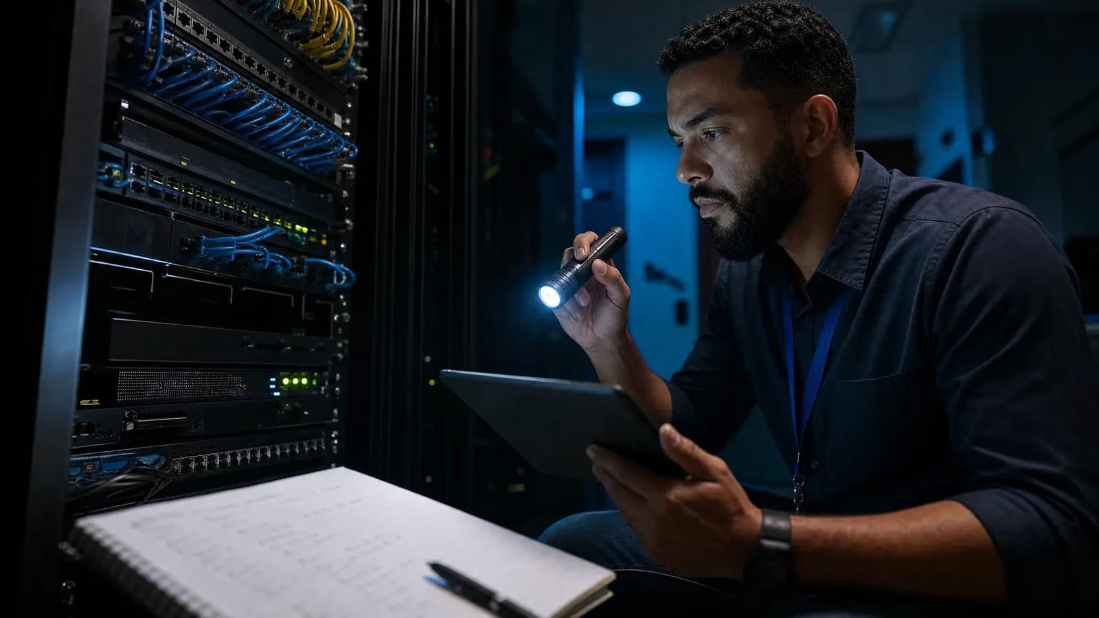 Técnico avaliando rack de rede e anotando itens em uma prancheta