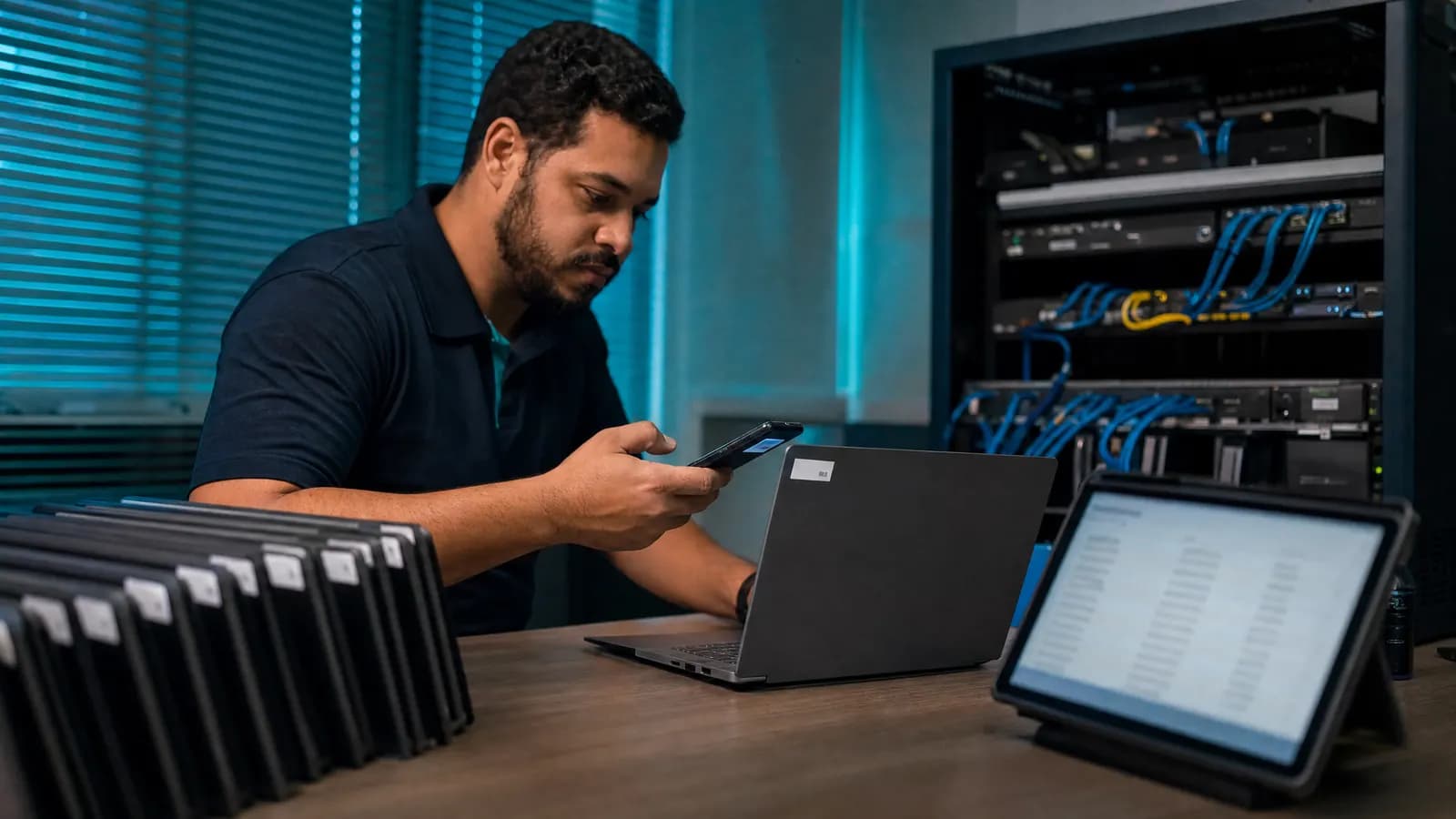 Técnico de TI conferindo etiquetas de patrimônio em notebooks sobre uma mesa de escritório