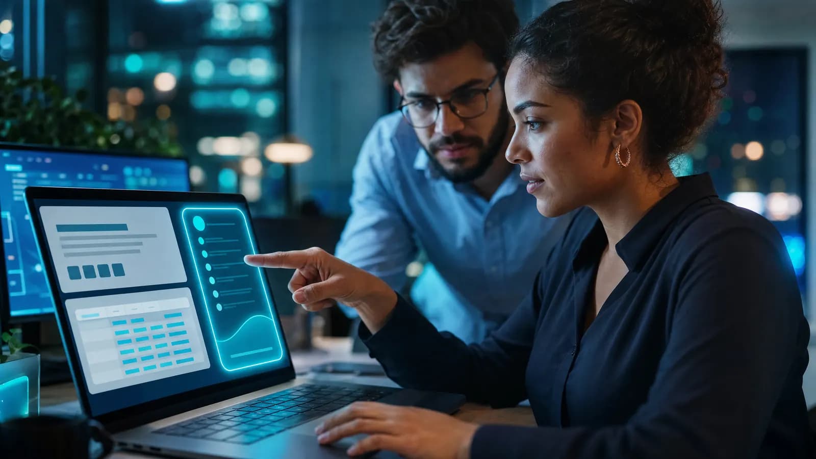 Profissional usa um assistente de IA no notebook para resumir documentos e planilhas