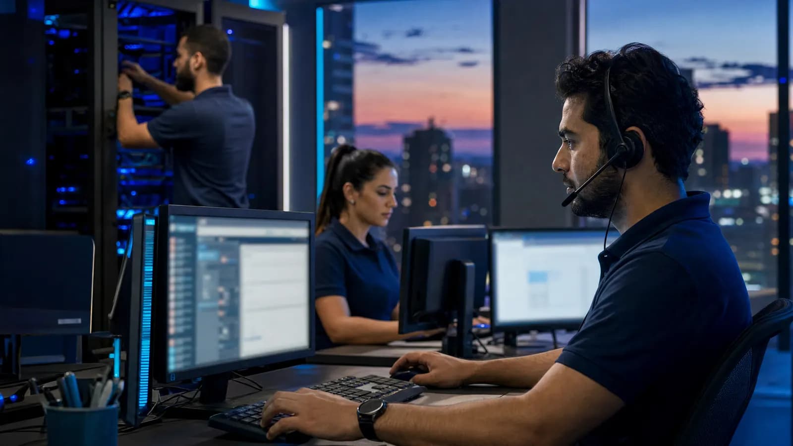 Técnicos de TI atendendo chamados em três mesas, do atendimento inicial ao especialista