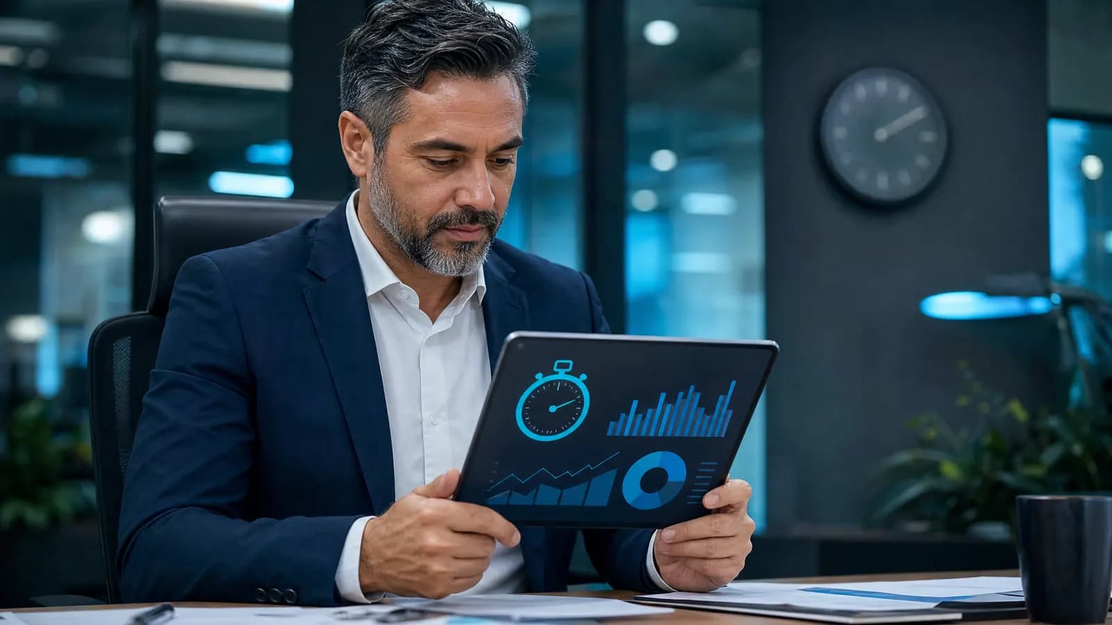 Gestor conferindo o relatório mensal de atendimento de TI num tablet
