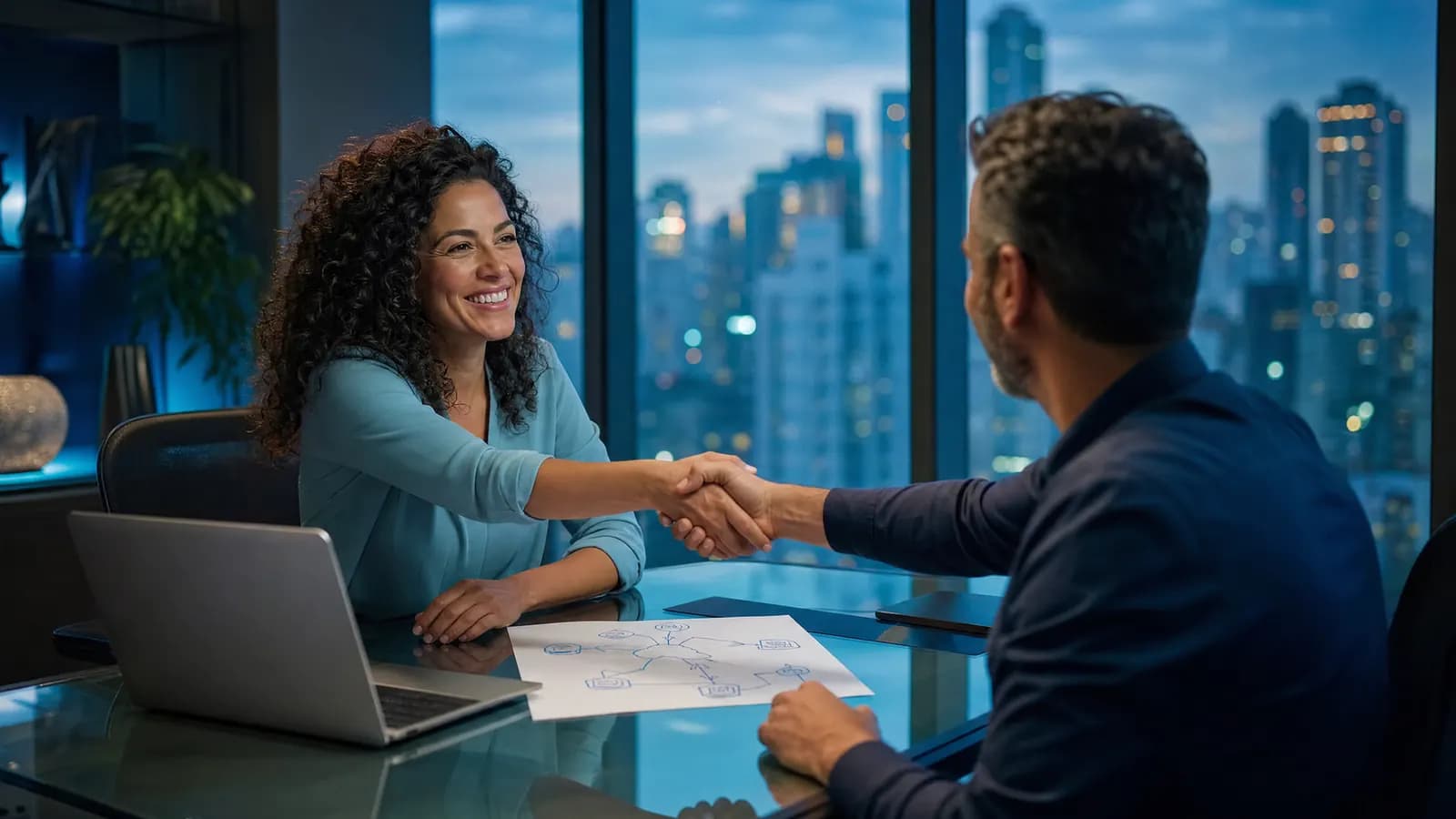 Gestor de empresa e técnico de TI revisando juntos um contrato de suporte